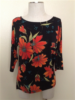 3/4 sleeve top - black with rust flowers - acetate/spandex