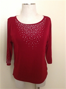 3/4 sleeve top with rhinestones - cranberry - acetate/spandex