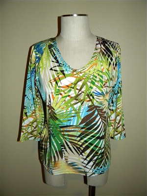 3/4 sleeve top with rhinestones - palm leaves