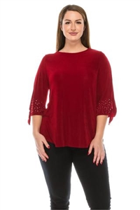 Tie sleeve top with rhinestones  - cranberry - acetate/spandex