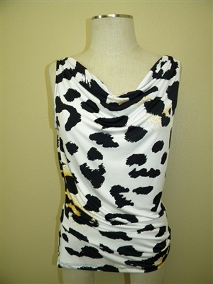 Cowl neck tank top - white with black leopard spots