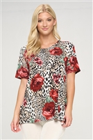 Short sleeve tunic top - animal/rose print - polyester/spandex