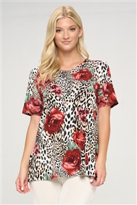 Short sleeve tunic top - animal/rose print - polyester/spandex