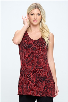 Tunic tank top - red/black leaf print - polyester/spandex
