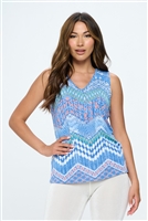 V-neck tank top - blue zig zag print - polyester/spandex