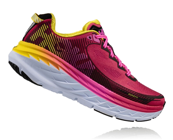 Womens Hoka BONDI 5 Road Running Shoes - Virtual Pink / Blazing Yellow