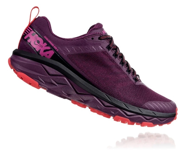 Womens Hoka CHALLENGER ATR 5 WIDE Trail Running Shoes - Italian Plum / Poppy Red