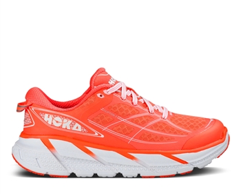 Womens Hoka CLIFTON 2 Road Running Shoes - Neon Coral / White