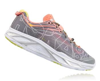 Womens Hoka HUAKA Road Running Shoes - Grey / Neon Coral