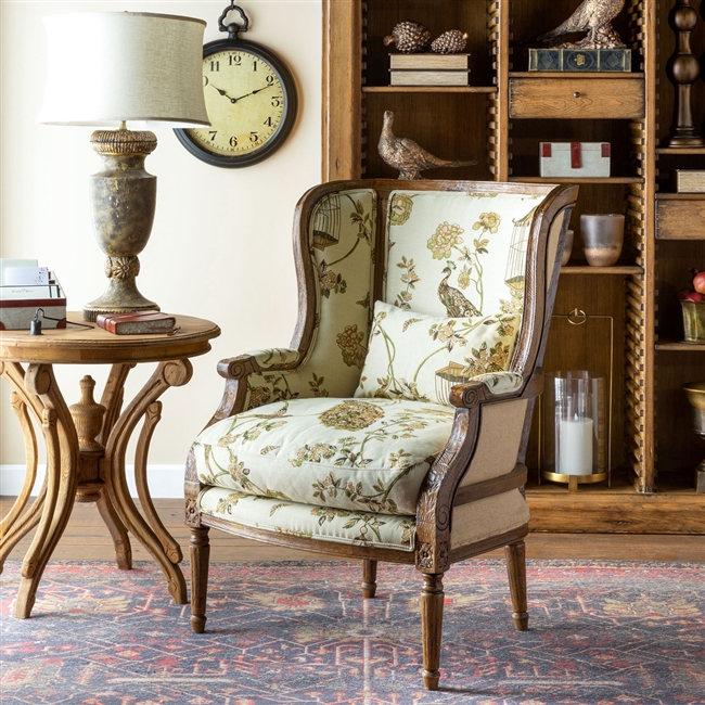 CHINOISERIE WOOD FRAMED WING CHAIR