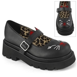 Demonia RENEGADE-56 2 1/2" Tiered Platform Maryjane Featuring Embroidered Cat Face on Toe and Ears on Strap [BLACK]