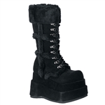 Demonia BEAR-202 Tiered Platform Lace-Up Mid-Calf Boot w/Faux Fur Trim and Cuff Detail [BLACK]