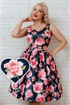 Dolly and Dotty Amanda  Retro Swing Dress Blue with Pink Roses [BLUE/PINK]