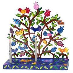 Painted Metal Lazer Cut Menorah - Birds in Pomegranate Tree by Yair Emanuel