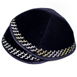 Navy Velvet Kippah with Zigzag Border