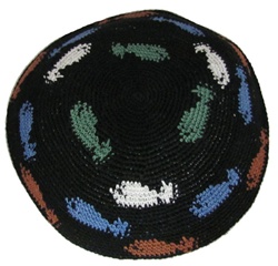 Black Knit Kippah with Fish Design