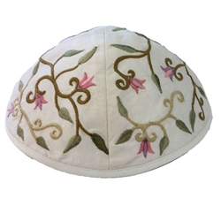 Embroidered Flower Kippah - White