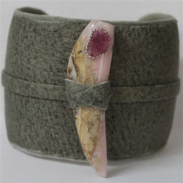 Annie Hammer Leather Cuff with Pink Opal Tusk & Tourmaline