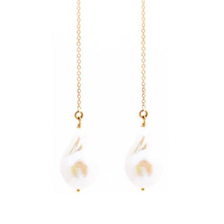White Baroque Pearl Adjustable Threader Lillypad Earrings with 14K Gold Fill Chain