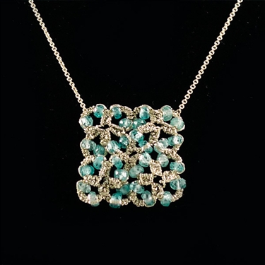 Danielle Welmond Woven Gold Flowers Square with Blue Zircon Necklace