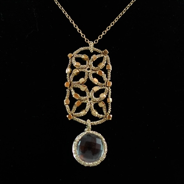 Danielle Welmond Gold Cord Rectangle with Vermeil Beads and Caged Crystal Necklace