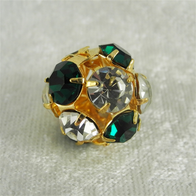 Vintage Rhinestone Bead - Clear/Green Crystal on Gold 18mm