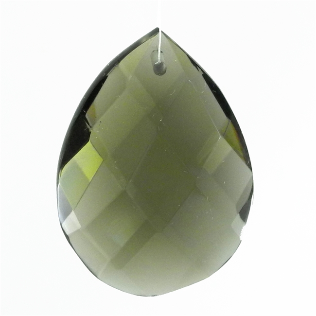 Glass Chandelier Crystal - 1 1/2" tall by 1" wide pear-shape with single front-to-back hole-drilling at top. Color - Black Diamond.