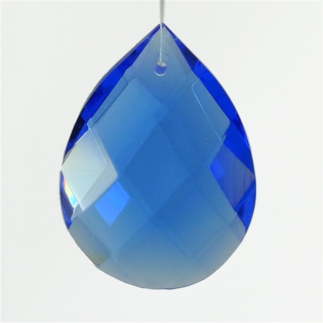 Glass Chandelier Crystal - 1 1/2" tall by 1" wide pear-shape with single front-to-back hole-drilling at top. Color - Sapphire.