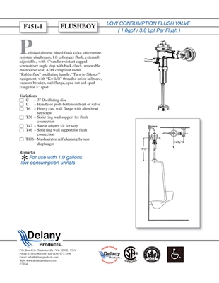 Delany F451T42 Flush Boy Urinal Flush Valve 1.0 GPF