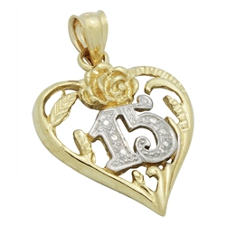 14KTDCP1026 - 14KT Gold 15 AÃ±os QuinceÃ±era Heart Pendant 28mm