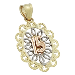 14KTDCP1032 - 14KT Gold 15 AÃ±os Oval Filigree Pendant Charm