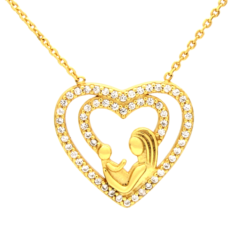 CZNK01-G Sterling Silver CZ Mother Child Necklace - Gold Plated