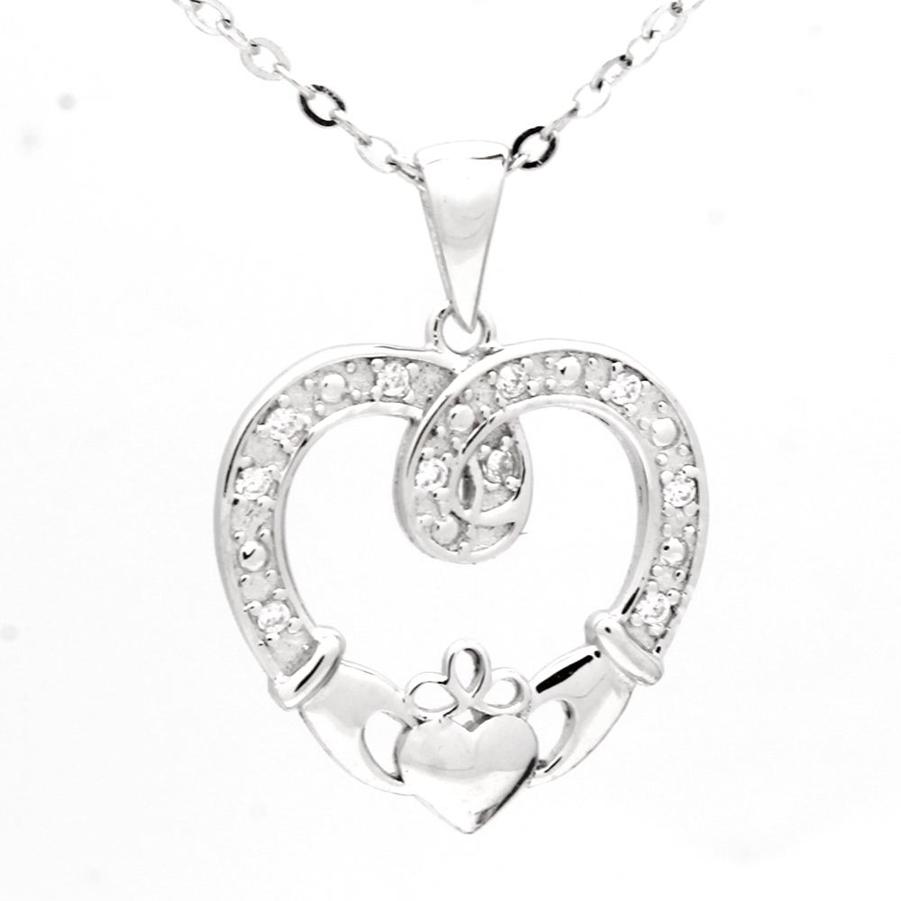 CZNK04-S Sterling Silver CZ Claddagh Necklace