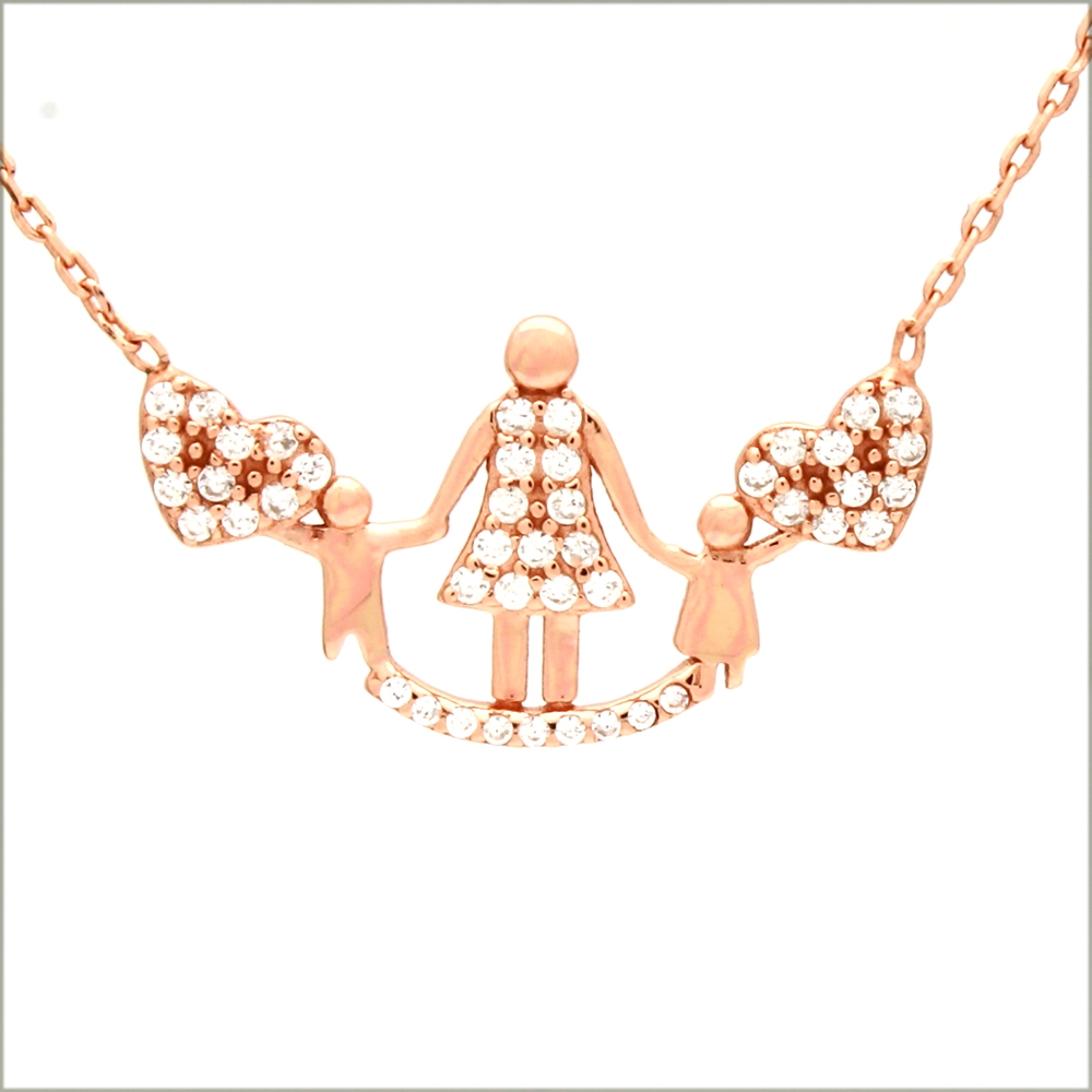 CZNK06-R Sterling Silver CZ Mother 2 Children Necklace Rosegold