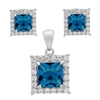 CZSS1001-BT Sterling Silver Blue Topaz CZ Square Pendant Earrings Set