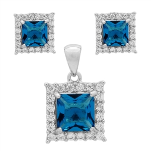 CZSS1001-BT Sterling Silver Blue Topaz CZ Square Pendant Earrings Set