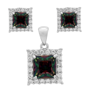 CZSS1001-MY Sterling Silver Rainbow CZ Square Pendant Earrings Set