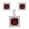 CZSS1001-RU Sterling Silver Red Ruby CZ Square Pendant Earrings Set