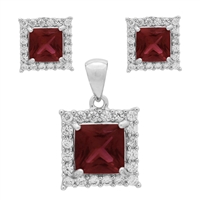 CZSS1001-RU Sterling Silver Red Ruby CZ Square Pendant Earrings Set