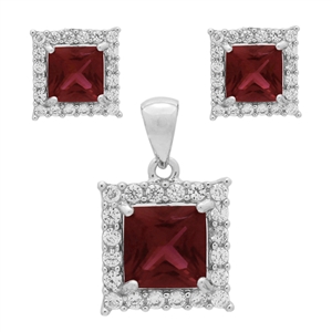 CZSS1001-RU Sterling Silver Red Ruby CZ Square Pendant Earrings Set