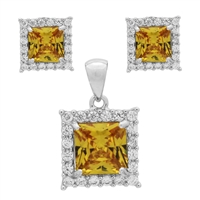 CZSS1001-YL Sterling Silver Yellow CZ Square Pendant Earrings Set