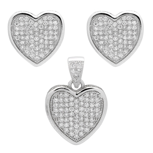 CZSS1002 Sterling Silver Micropave Hearts Pendant Earrings Set
