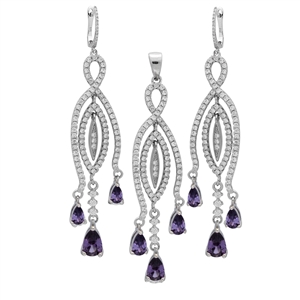 CZSS1004-AM Sterling Silver Micropave Teardrop Amethyst CZ Long Earrings Pendant Set