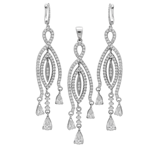 CZSS1004-CL Sterling Silver Micropave Teardrop Clear CZ Long Earrings Pendant Set