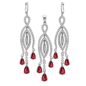 CZSS1004-RU Sterling Silver Micropave Teardrop Red Ruby CZ Long Earrings Pendant Set