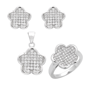 CZSS1005 Sterling Silver Micropave CZ Fleur Clover Complete Set