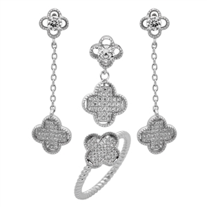 CZSS1006 Sterling Silver Long Micropave CZ Fleur Clover Complete Set