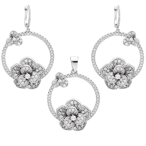 CZSS1007 Sterling Silver Circle Flower Micropave Earrings Pendant Set