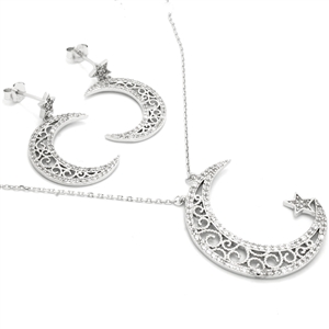 CZSS1034 Sterling Silver Crescent Moon Star CZ Sets