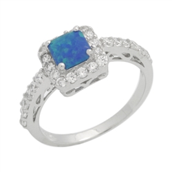 Princess Cut Lab Created Blue Opal & CZ Fashion .925 Sterling Silver Ring